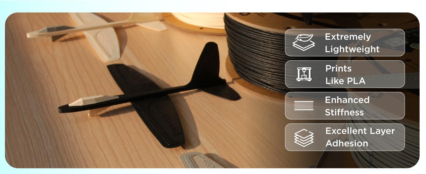 Extremely Lightweight, Prints like PLA, Enhanced Stiffness, Excellent Layer Adhesion.