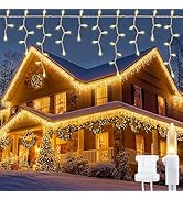 YOUNGAR Icicle Lights Outdoor, 23FT 200 Connectable Icicle Christmas Lights,Warm White Plug in Cu...