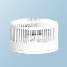 A white portable desk fan in its folded, compact state.