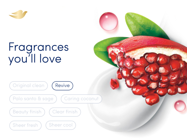 Pomegranate on top of cream next to light red drops and text that reads: Fragrances you'll love.