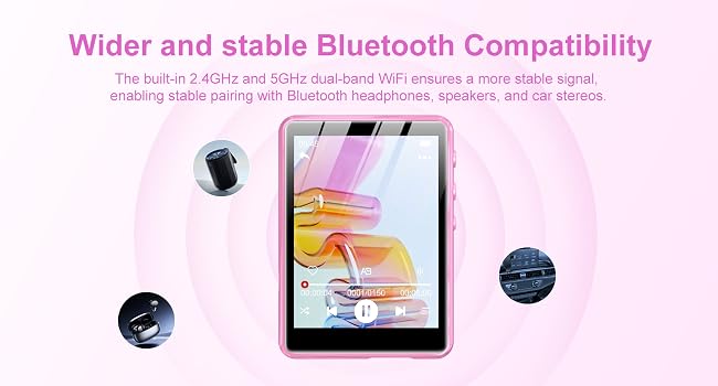 Pink tablet device with music interface displayed. Surrounding icons show Bluetooth compatibility with headphones, speakers, and car stereo. Text highlights wider and stable Bluetooth connectivity.