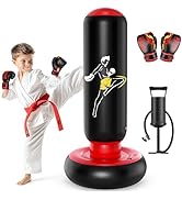 QPAU Kids Punching Bag Toy with Boxing Gloves, 66 Inch Larger Stable Kids Inflatable Boxing Bag S...