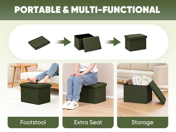Text reads 'PORTABLE &amp; MULTI-FUNCTIONAL' showing transformation sequence and three usage modes: 'Footstool', 'Extra Seat', 'Storage' for black fabric ottoman.