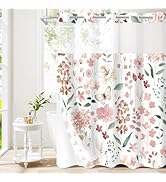 Litabel No Hook Pink Watercolor Floral Shower Curtain, Pink Hookless Shower Curtains with Flower ...