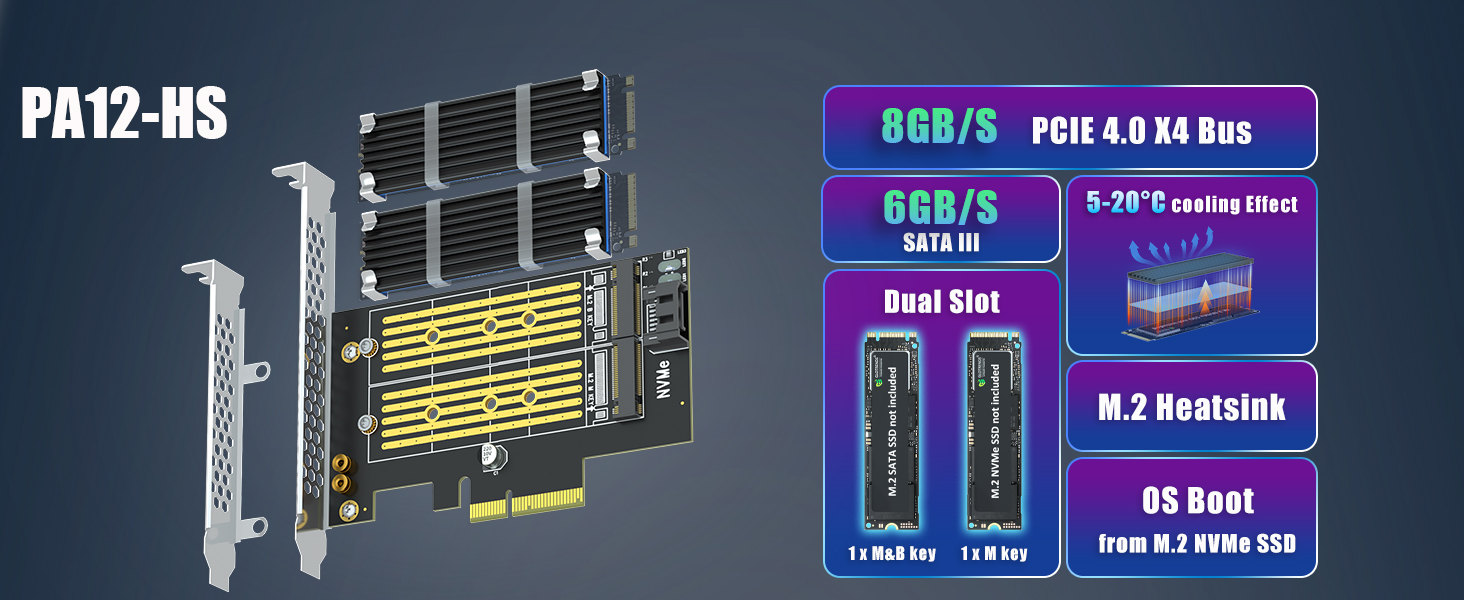 GLOTRENDS PA12-HS M.2 PCIe Adapter with Heatsink for One M.2 NVMe SSD and One M.2 SATA SSD