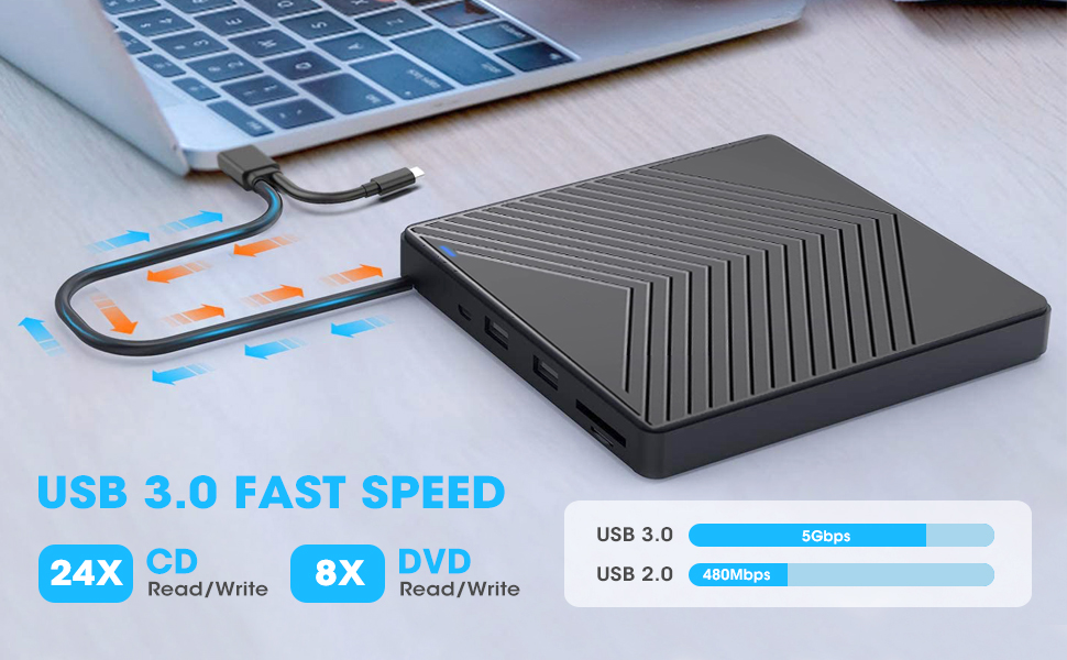 ROOFULL External CD DVD Drive USB 3.0 & USB-C CD Burner DVD Player USB Ports and SD Card Reader
