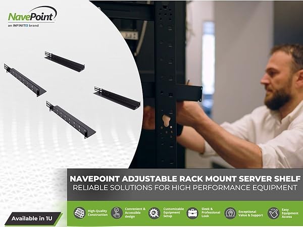 NavePoint 1U Adjustable Rack Mount Server Shelf Rails