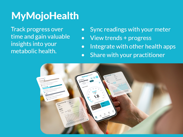MyMojoHealth app shoing various graphs, charts, and glucose and ketone readings.