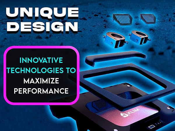 Futuristic blue-toned product advertisement displaying various electronic components with text highlighting innovative technologies for maximized performance.