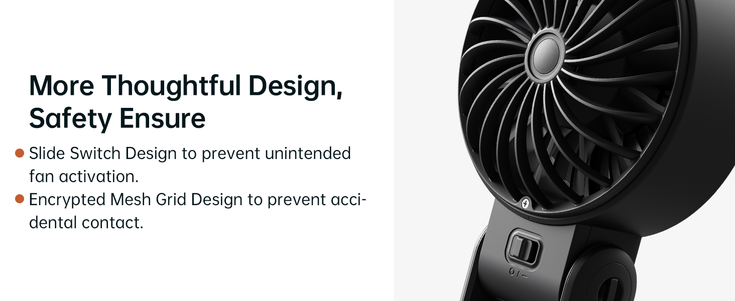 Closeup of a black electric fan with blade design. Features slide switch and mesh grid for safety. Text highlights thoughtful design and safety features.