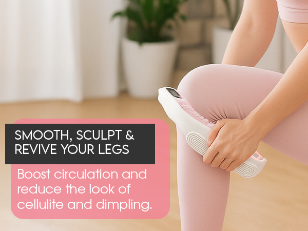 person using deep tissue anti cellulite massage roller on calves