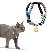 Necoichi Chirimen Cat Collar with Clover Bell (Navy) with Bell Safety Breakaway Soft Lightweight ...