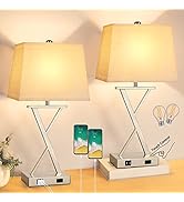 Set of 2 Touch Control Table Lamp, 3-Way Dimmable Table Lamp with USB Ports and Outlet, Modern Ni...