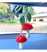 Mushroom Car Accessories, (Glue Free) Safe Crochet Car Mirror Hanging Accessories, Cute Crochet C...