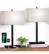 21" Set of 2 Touch Control Table Lamps with 2 USB &amp; AC Outlets, 3-Way Dimmable Modern Nightstand ...