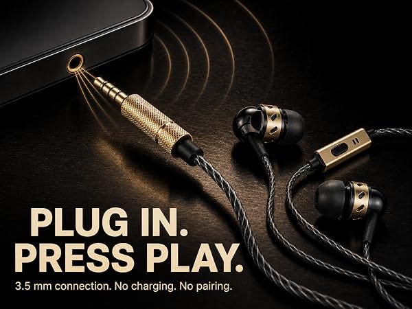 Gold 3.5 mm plug and wired earbuds offering simple plug-and-play listening
