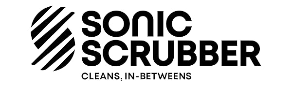 Black and white logo design for 'Sonic Scrubber' featuring diagonal striped icon and text tagline 'CLEANS IN-BETWEENS'