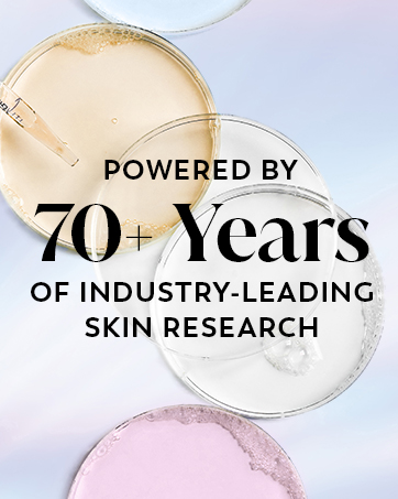 Petri dishes of various colors promoting 70+ years of industry-leading skin research