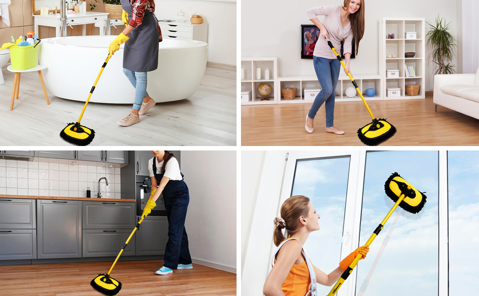 a collage of four images of a woman cleaning a floor with a vacuum cleaner.