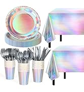 Iridescent Party Supplies Decorations,132 Pcs Disposable Iridescent Paper Party Plates Cups Knive...