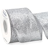 Ribbli Silver Glitter Wired Ribbon with Silver Metallic Edge,Christmas Ribbon for Wreath, Tree De...