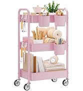 YASONIC 3-Tier Metal Rolling Cart, Heavy Duty Utility Cart with Lockable Wheels, Hanging Cups, Ho...