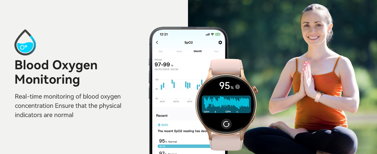 Blood oxygen monitoring app interface shown on smartphone and smartwatch. Displays real-time oxygen levels and heart rate data.