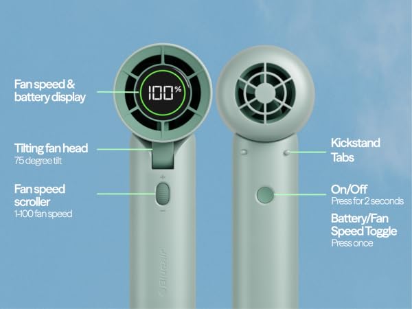 hanheld fan features fan speed and battery display, tilted head, speed scroller, kickstand tabs, etc