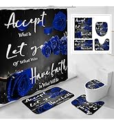 Litabel 4 Pcs Blue Rose Shower Curtain Set with Non-Slip Rugs, Toilet Lid Cover and Bath Mat, Nav...