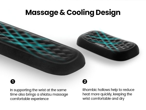 Ergonomic wrist rest with massage and cooling design. Two-part system supports wrist, provides shiatsu massage, and features air holes for heat reduction.