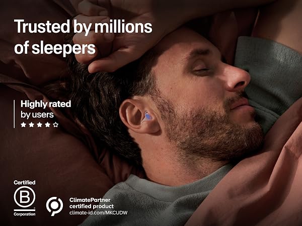 Man sleeping with Alpine SleepDeep earplugs, B Corp and ClimatePartner certified