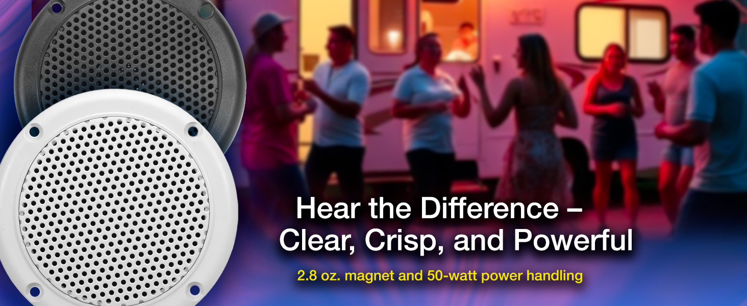 Dual Cone 4-ohm design ensures compatibility with most RV, Marine, and Vehicle audio systems.