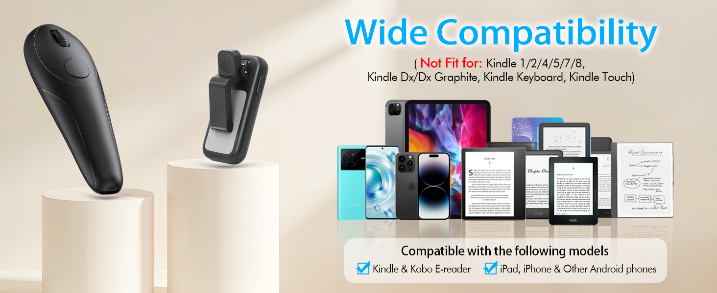 Text reads 'Wide Compatibility'. Product compatibility chart showing various electronic devices and models with wireless accessory.