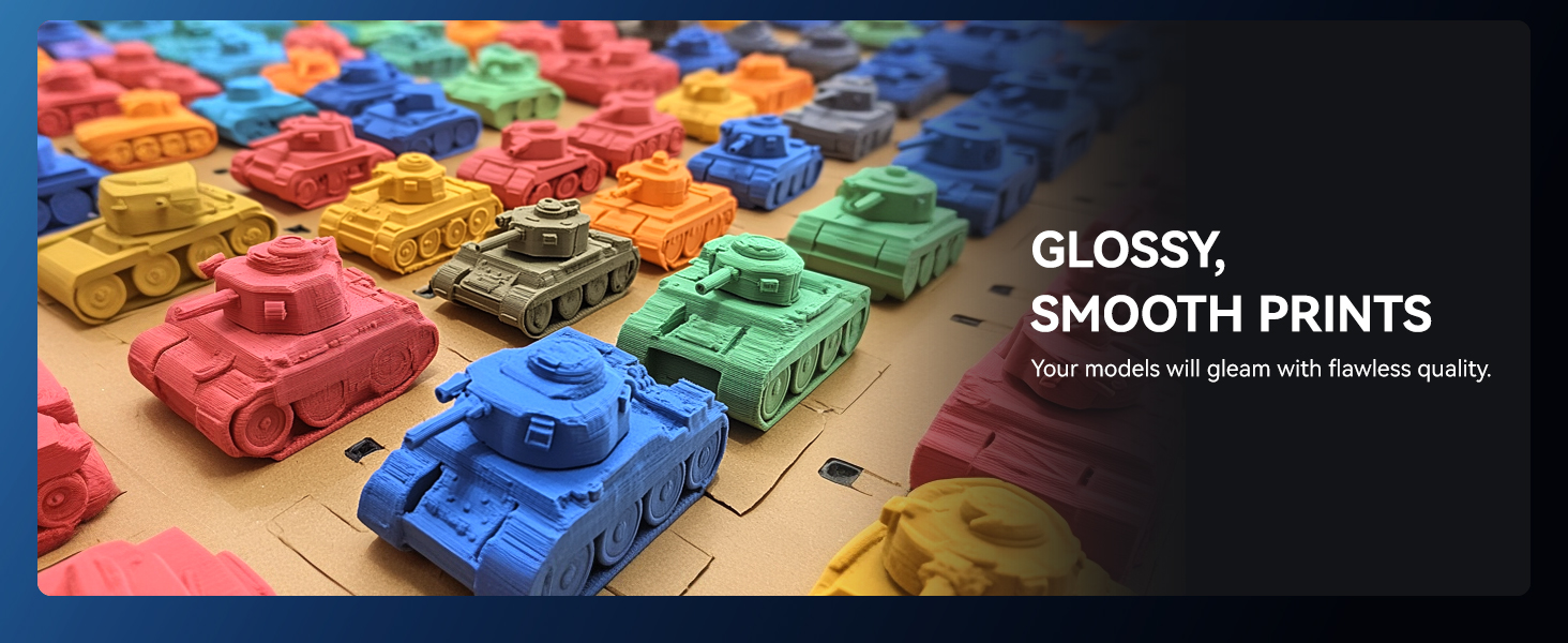 Colorful miniature toy tanks in various hues. Text overlay indicates 'GLOSSY, SMOOTH PRINTS' suggesting high-quality 3D printed models.