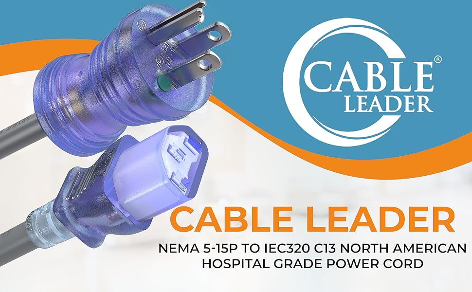 NEMA 5-15P to C13 Hospital Grade Power Cord, 18 AWG, 10A/125V, SJT