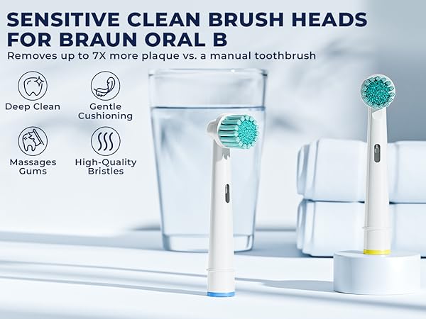 Text reads 'SENSITIVE BRUSH HEADS FOR BRAUN ORAL B'. Product features diagram showing Deep Clean, Cushioning effect, Massages Gums, and High-quality bristles icons.