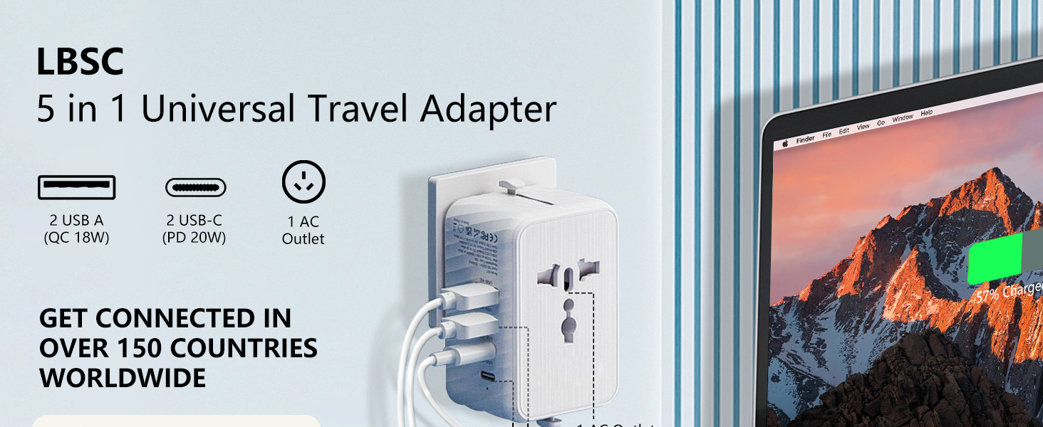 5 in 1 Universal Travel Adapter USB A USB C AC Outlet