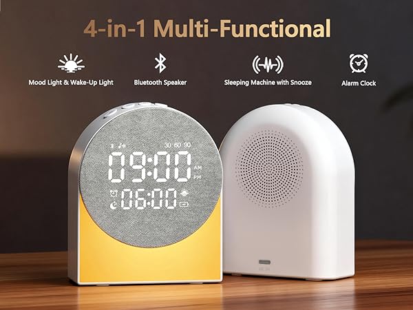 Text reads '4-in-1 Multi-Functional'. Digital alarm clock with LED display showing 08:00 and companion speaker device, featuring icons for light, bluetooth, alarm, and another function.