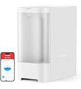 White rectangular smart water purifier with companion smartphone app showing water quality information and controls.