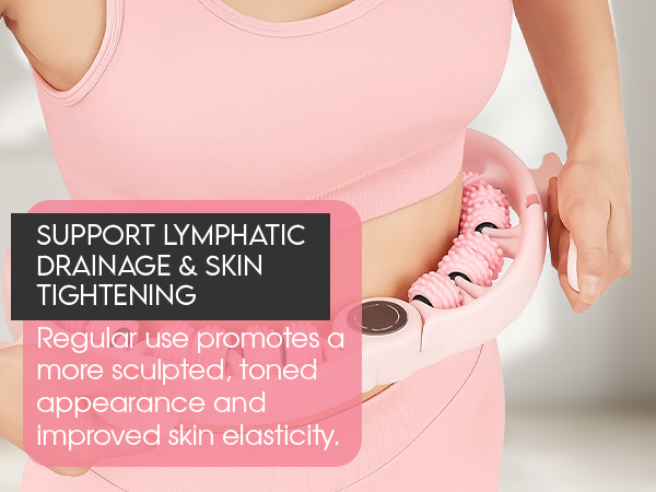 person using 180 degree adjustable massage roller on belly for skin tightening