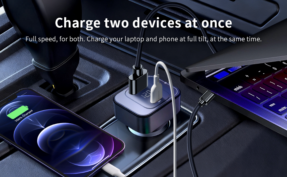 Text reads 'Charge two devices at once.' Images showing electronic devices charging with blue LED lighting visible on dark surfaces.