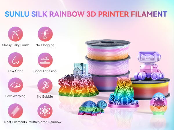 sunlu 3d printer filament rainbow silk filament color changing multicolored rainbow multi color