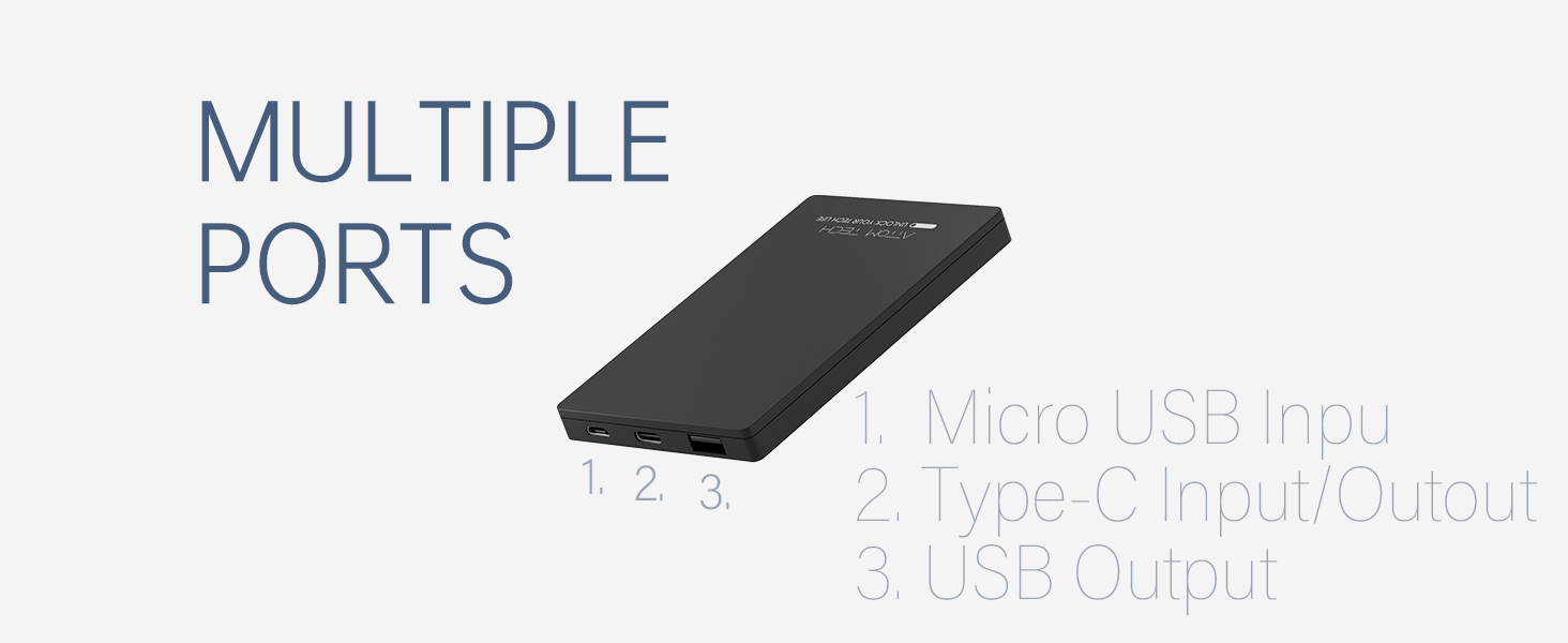 Dual USB Output Super Slim Power Bank Ultra Thin, Attom Tech 3000mAh Portable Charger Mini