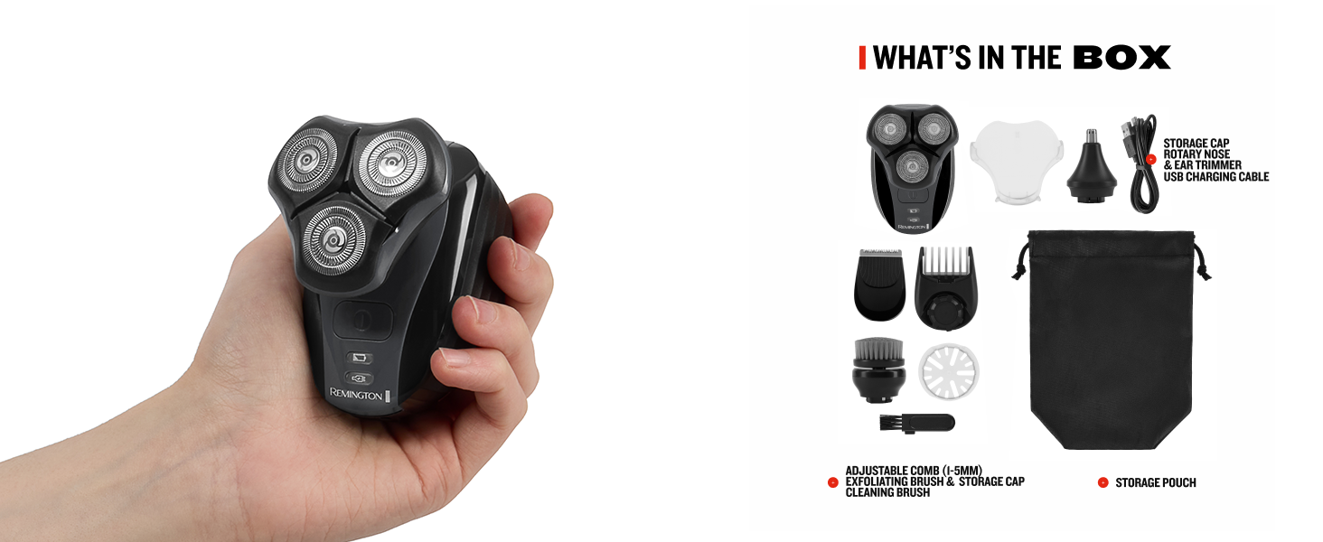 Included: Head shaver, nose and ear hair trimmer, beard trimmer, exfoliator, cord and storage bag