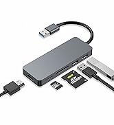USB hub adapter featuring multiple ports including USB, memory card slots, and charging connections. Gray metallic design with black cable connector.