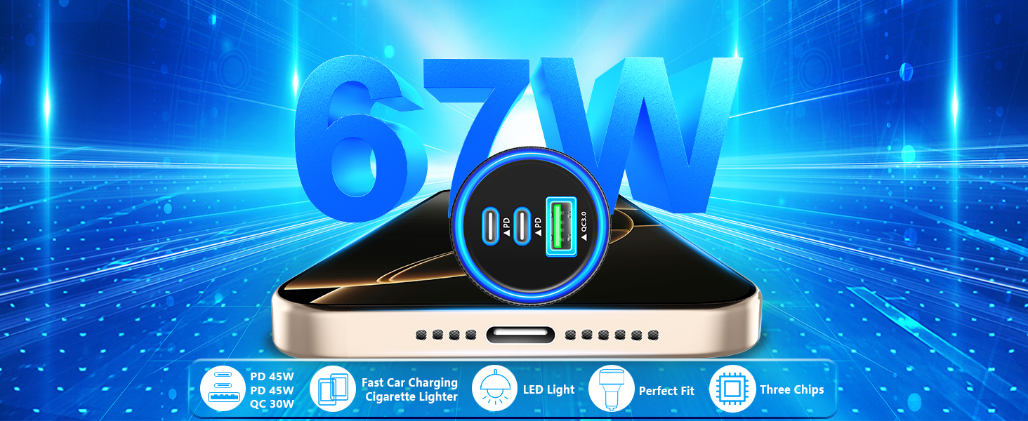 MFi Certified 3-Port 67W PD/QC Car Power Adapter USB-C Car Charger Cigarette Lighter for iPhone 16