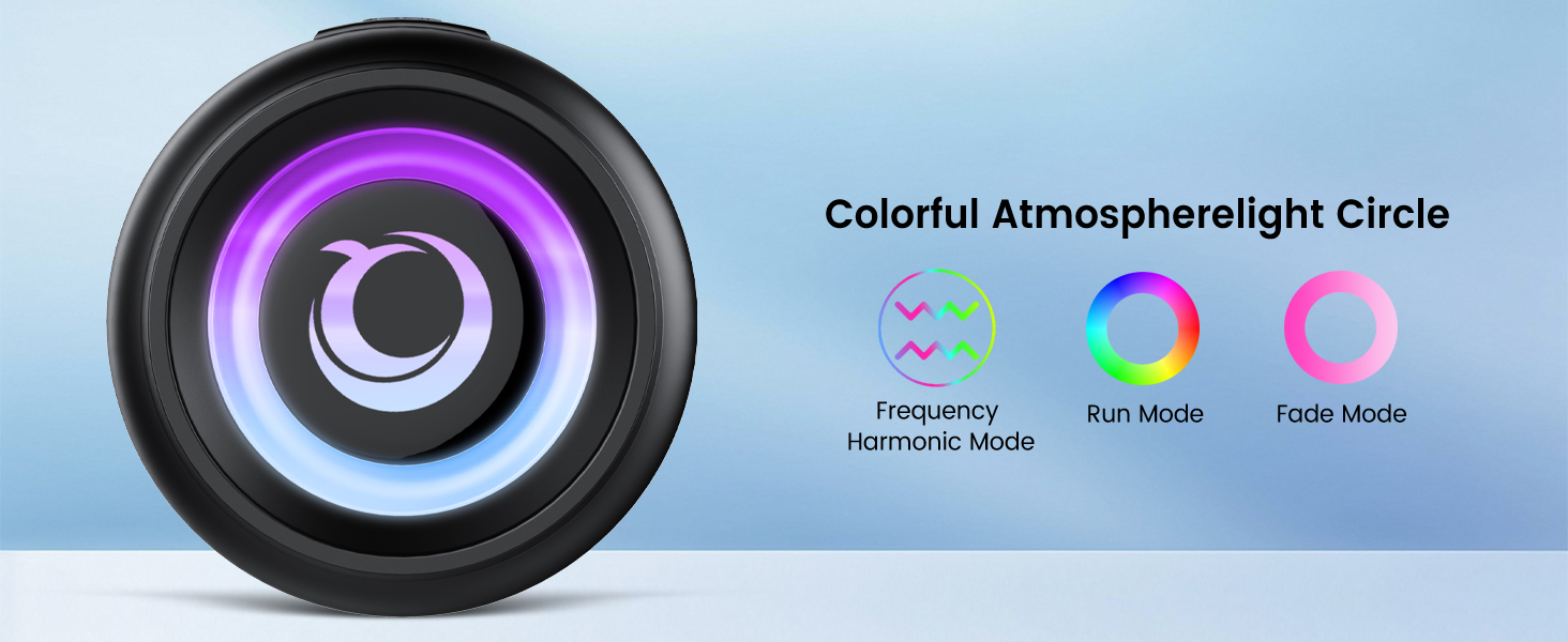 Text reads 'Colorful Atmospherelight Circle' with circular LED light device shown in black and purple/pink color variations against blue gradient background.