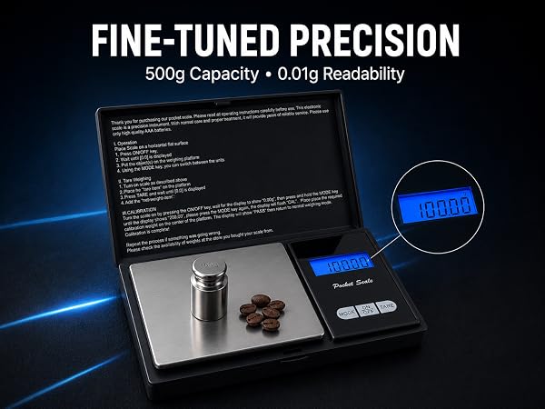 500g capacity pocket scale with 0.01g readability and blue LCD.