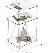 Eglaf Acrylic Side Table with Charging Station - Clear Nightstand End Table with USB Ports and Ou...