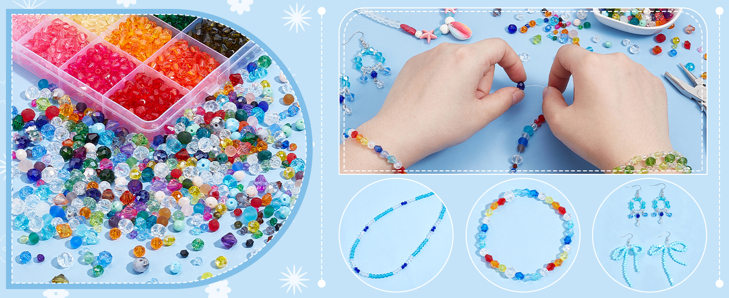 Colorful bead jewelry-making supplies including a sorting tray with compartments, loose beads, and hands assembling a beaded bracelet.